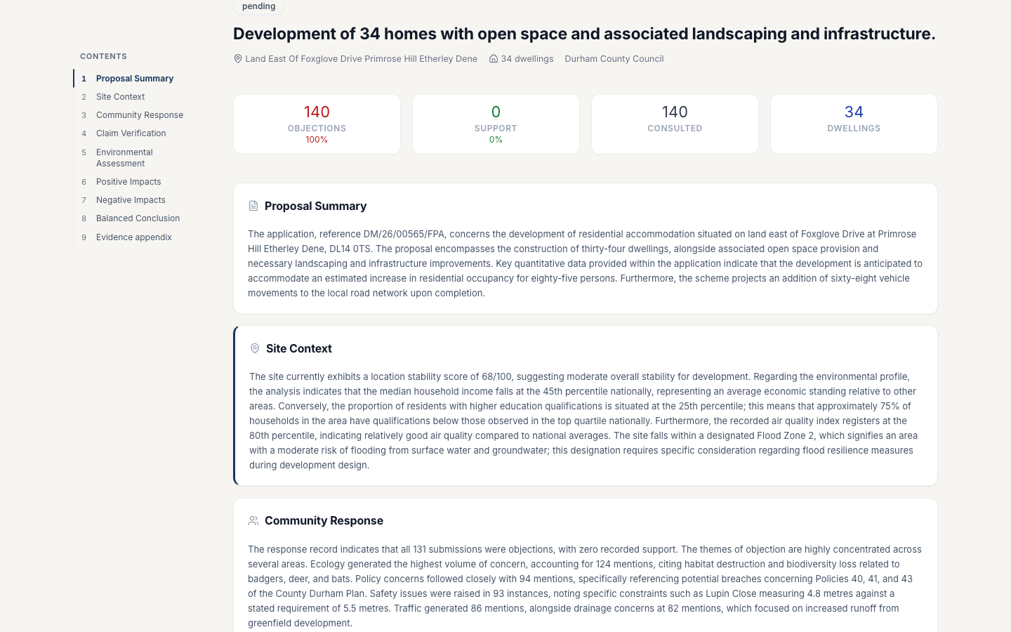 A generated background report with proposal summary, site context and community response sections