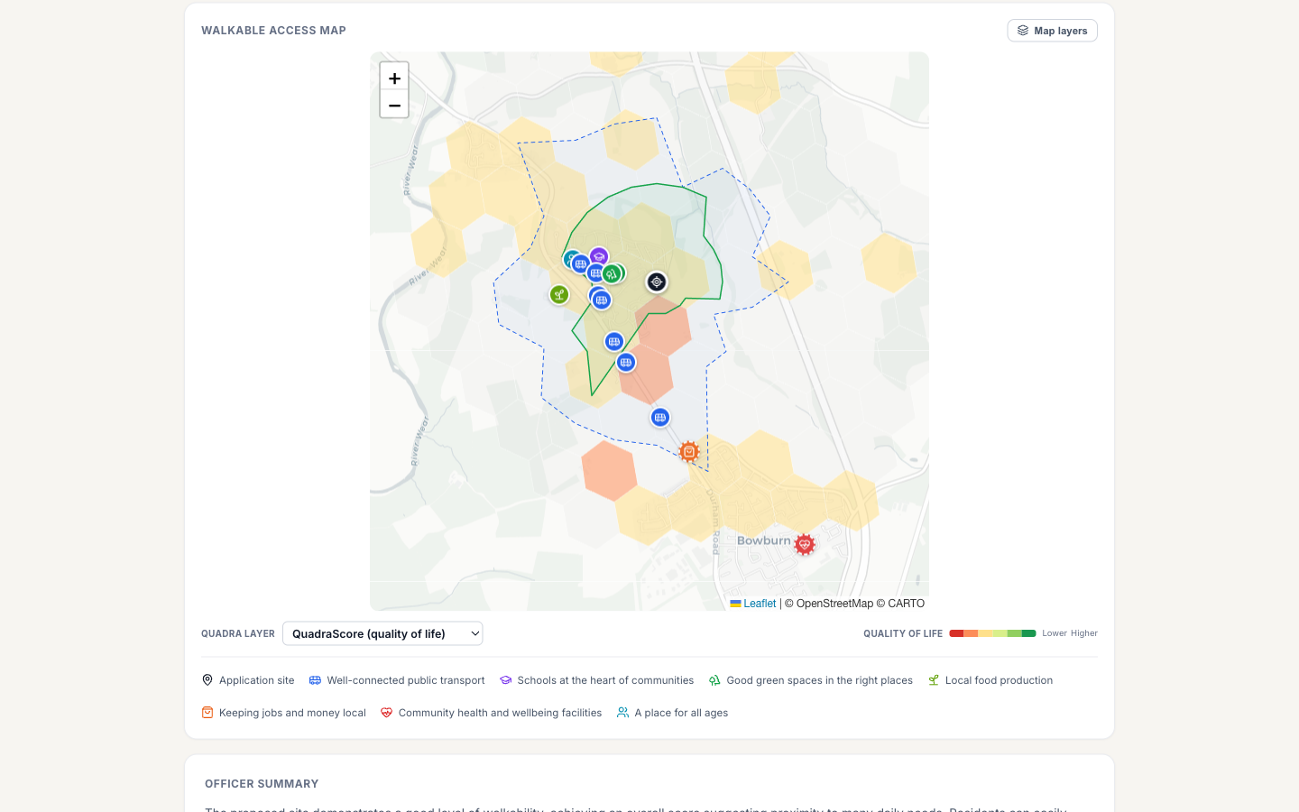 A walkable access map showing organic 10 and 20 minute isochrones that follow the actual street network around an application site, with amenity markers
