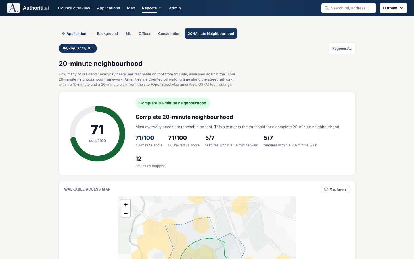 A 20-minute neighbourhood report scoring an application site 71 out of 100 against the TCPA framework, with walking-time feature counts