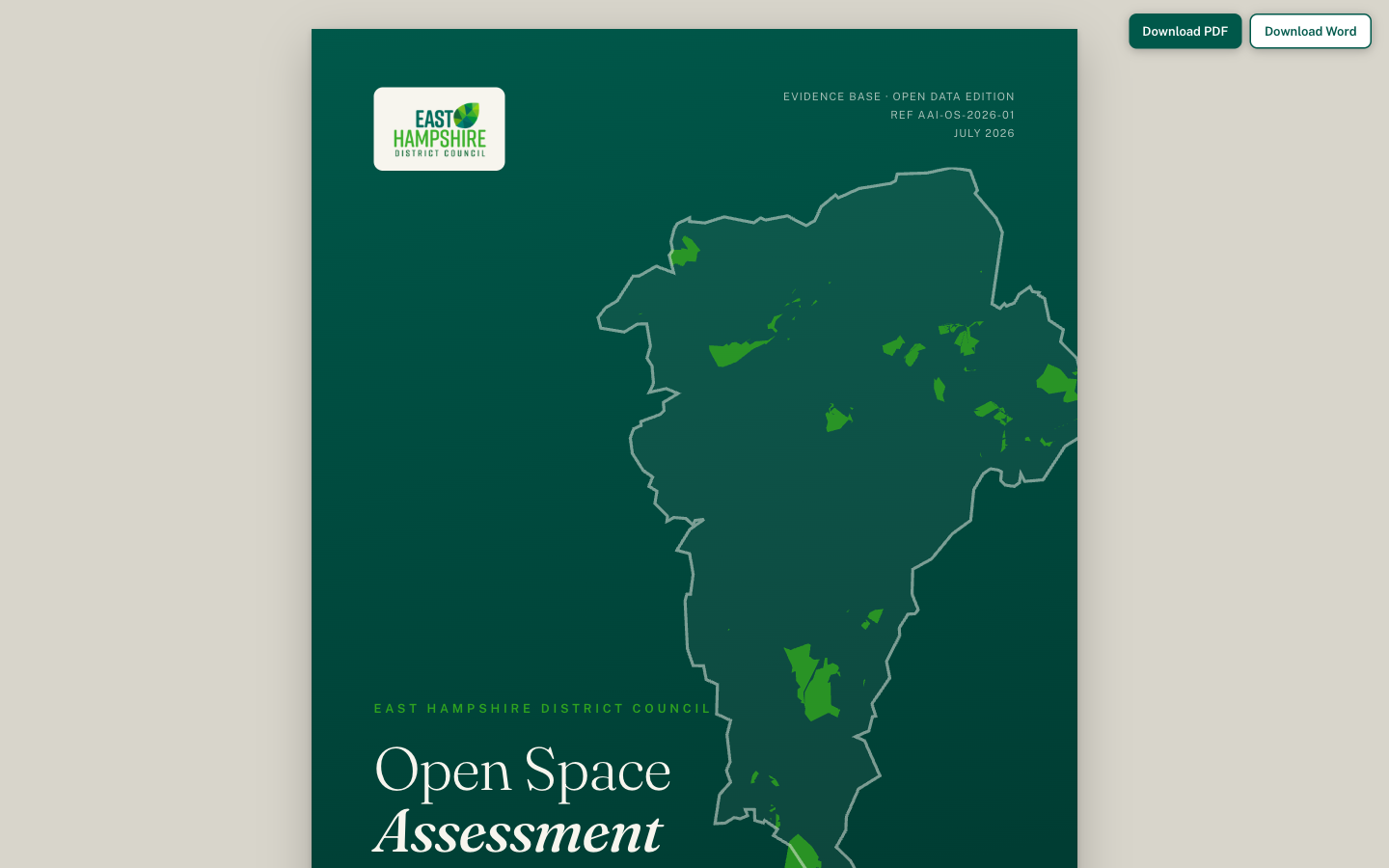 The cover of a generated district open space assessment: an evidence-base quality document with the district boundary and open spaces mapped