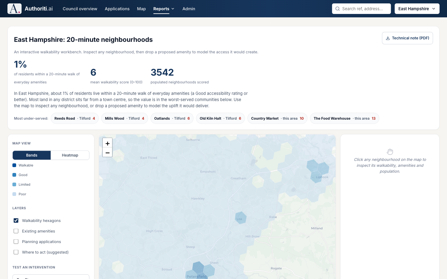The district-wide 20-minute neighbourhood studio: thousands of populated neighbourhood cells scored for walkable access across the whole council area